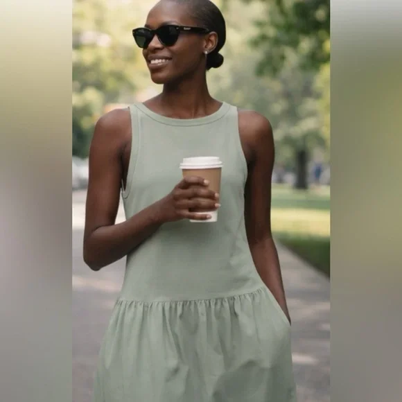 NWT COS Contrast Panel Cotton Sleeveless Sage Green Maxi Dress Size L - Picture 3 of 16